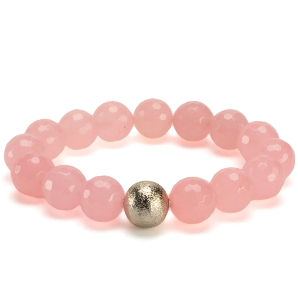 Faceted Rose Quartz 12Mm Gemstone Bead Elastic Bracelet With Matte Silver Accent Bead 1