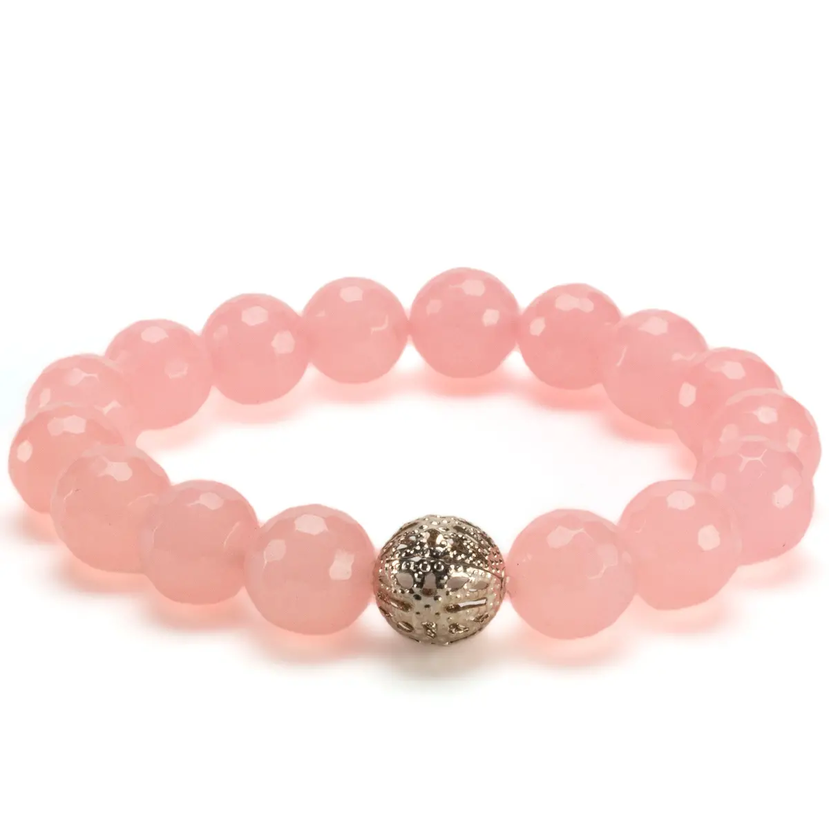Faceted Rose Quartz 12Mm Gemstone Bead Elastic Bracelet With Silver Accent Bead 1