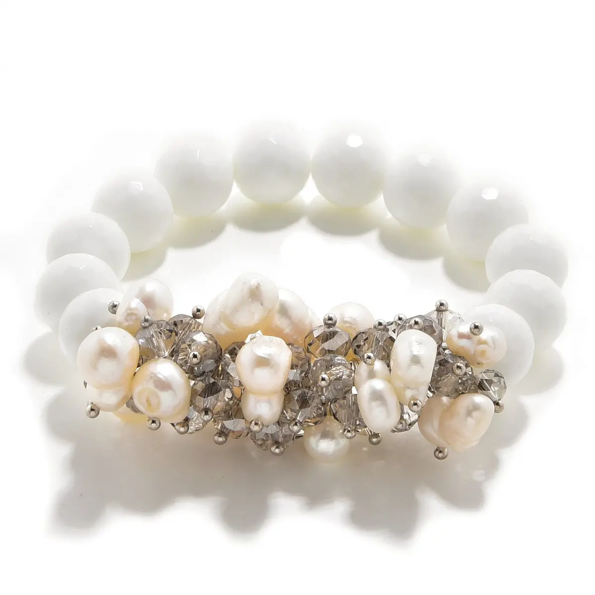Faceted White Ceramics & Freshwater Pearls 12Mm Gemstone Bead Elastic Bracelet 1