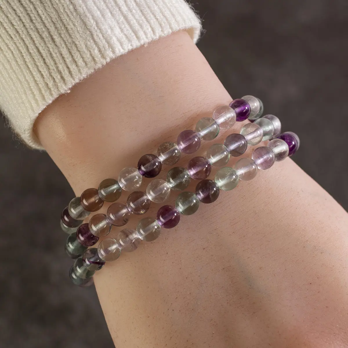 Flourite 6Mm Gemstone Bead Triple Wrap Elastic Bracelet 1