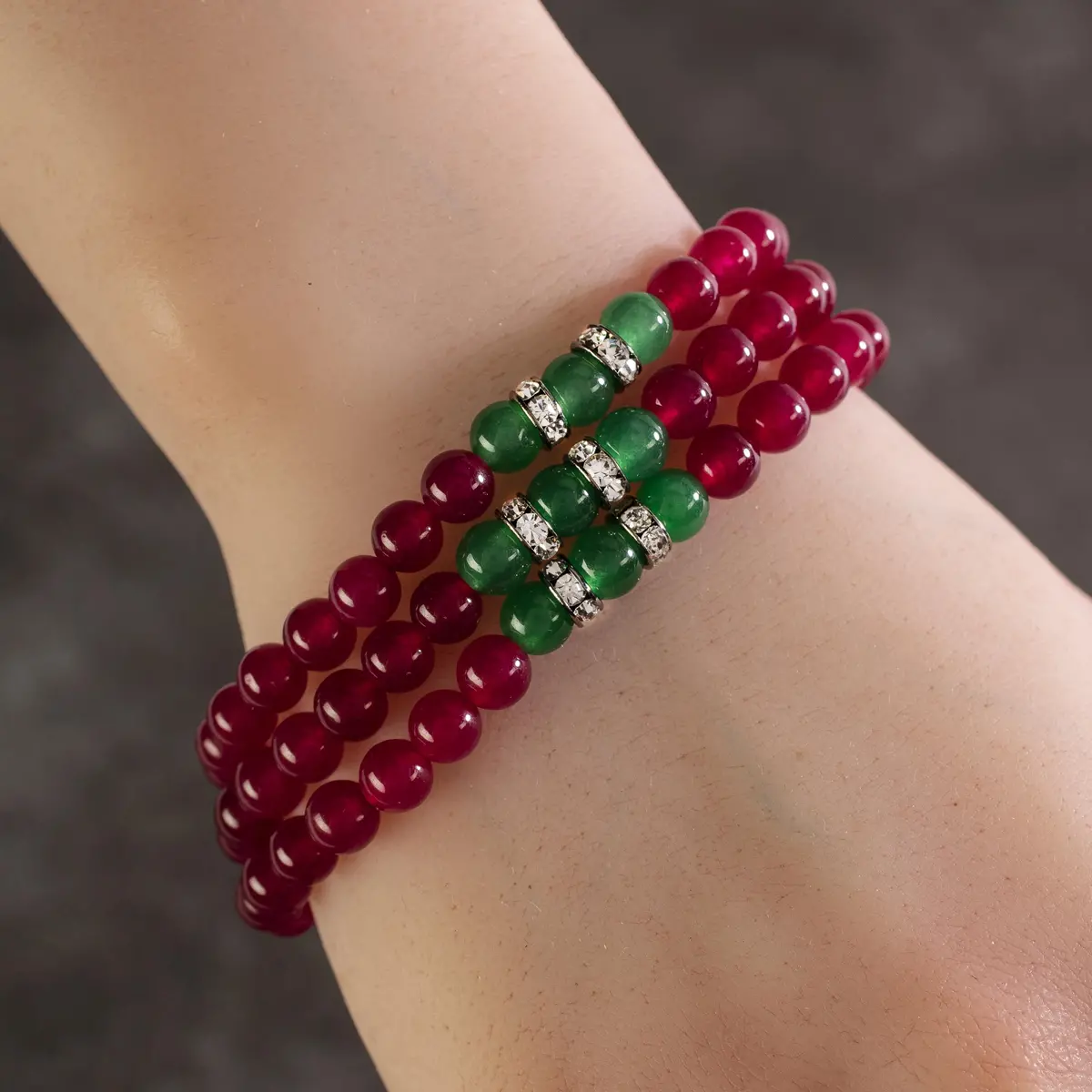 Fuchsia Agate 6Mm Beads With Aventurine And Crystal Accent Beads Triple Wrap Elastic Gemstone Bracelet 1