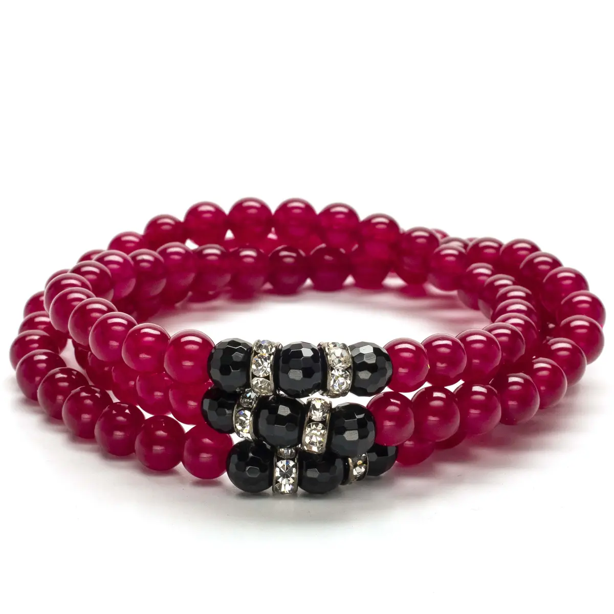 Fuchsia Agate 6Mm Beads With Black Agate And Crystal Accent Beads Triple Wrap Elastic Gemstone Bracelet 1