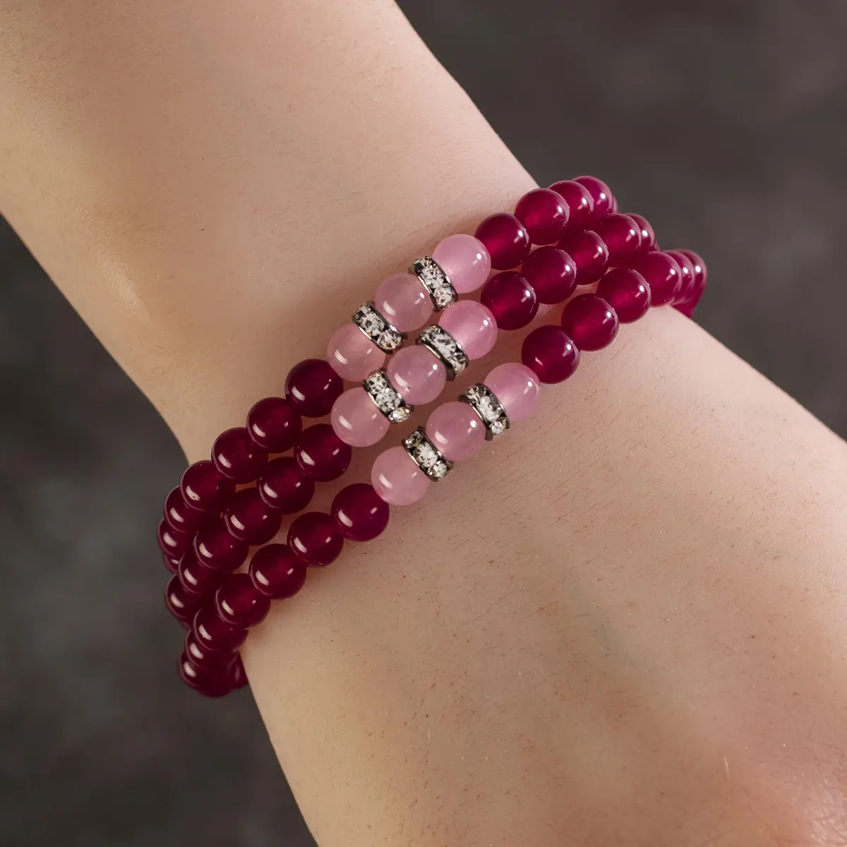 Fuchsia Agate 6Mm Beads With Pink Agate And Crystal Accent Beads Triple Wrap Elastic Gemstone Bracelet 1