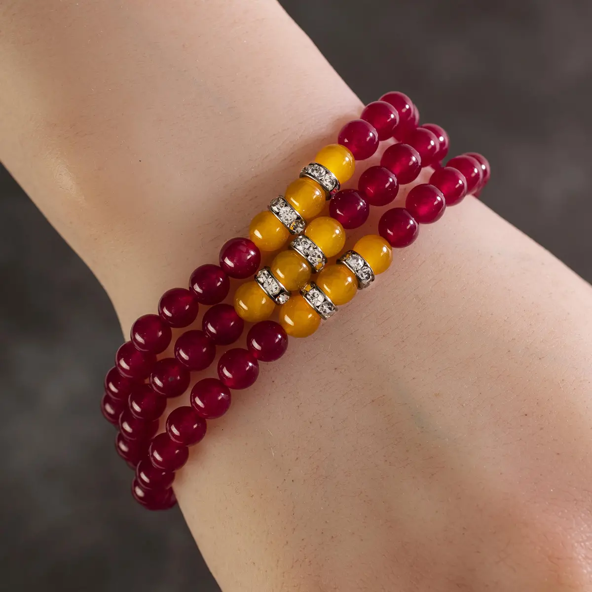 Fuchsia Agate 6Mm Beads With Yellow Agate And Crystal Accent Beads Triple Wrap Elastic Gemstone Bracelet 1