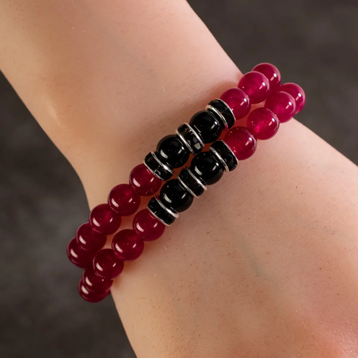 Fuchsia Agate 8Mm Beads With Black Agate And Black And Silver Accent Beads Double Wrap Elastic Gemstone Bracelet 1