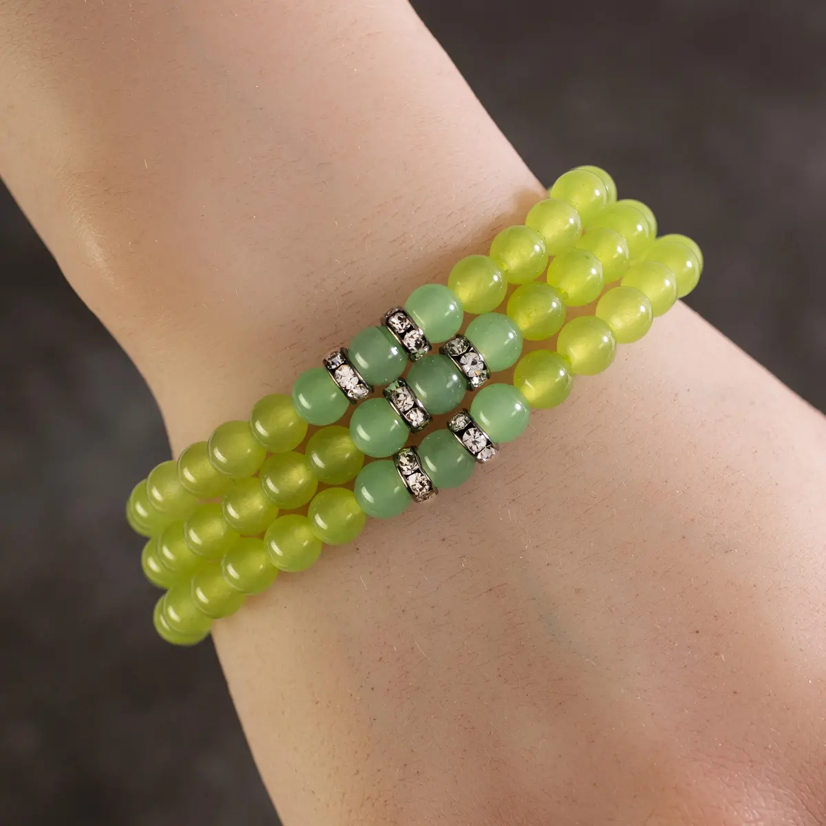 Green Agate 6Mm Beads With Aventurine And Crystal Accent Beads Triple Wrap Elastic Gemstone Bracelet 1