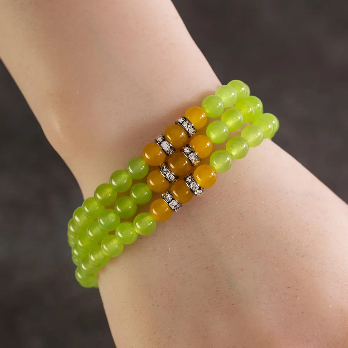 Green Agate 6Mm Beads With Yellow Agate And Crystal Accent Beads Triple Wrap Elastic Gemstone Bracelet 1