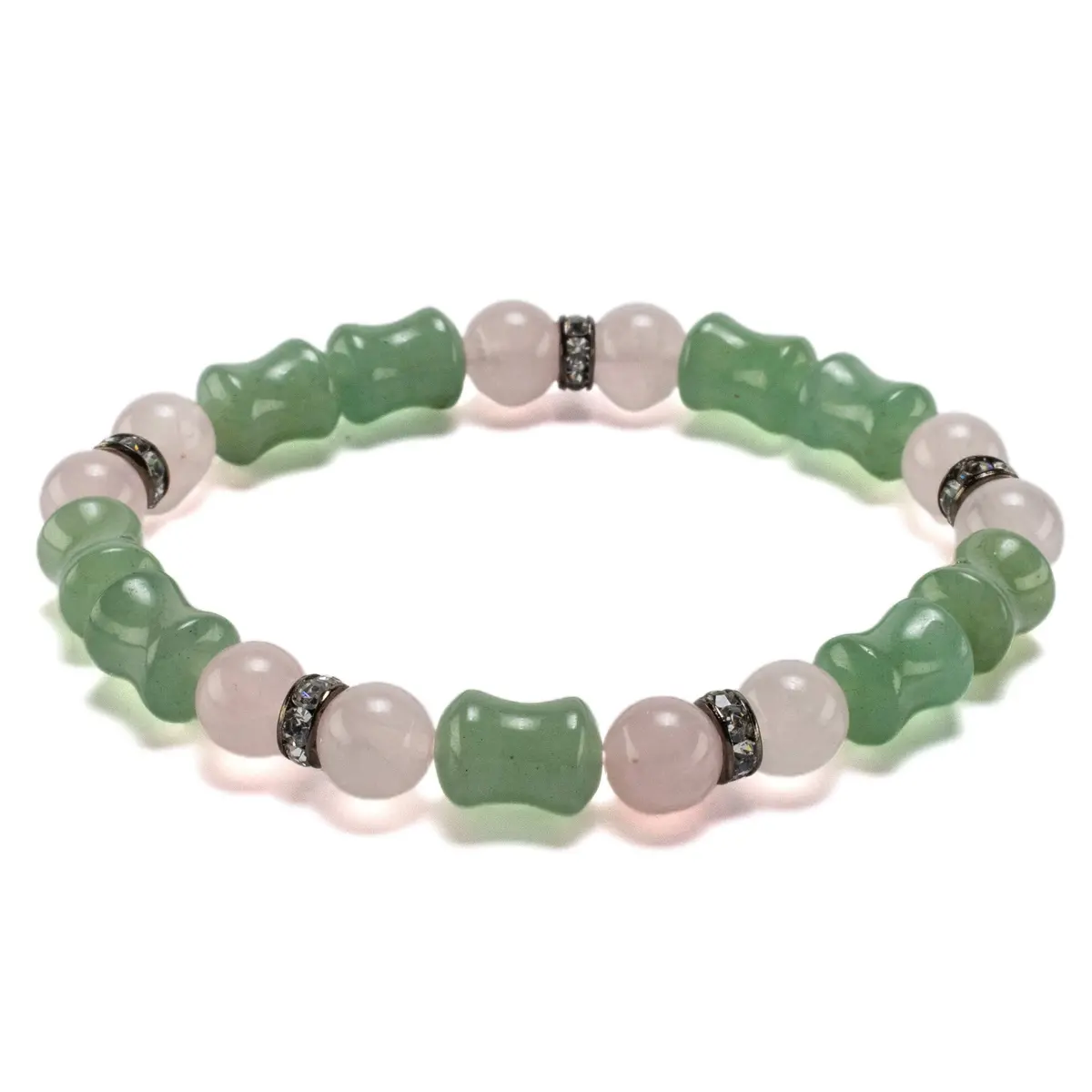 Hourglass Aventurine Bead And Round Rose Quartz With Crystal Accent Beads Gemstone Elastic Bracelet 1