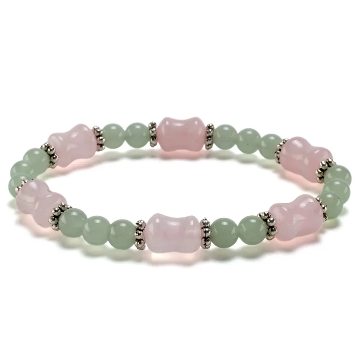 Hourglass Rose Quartz And Round Aventurine With Accent Beads Gemstone Elastic Bracelet 1