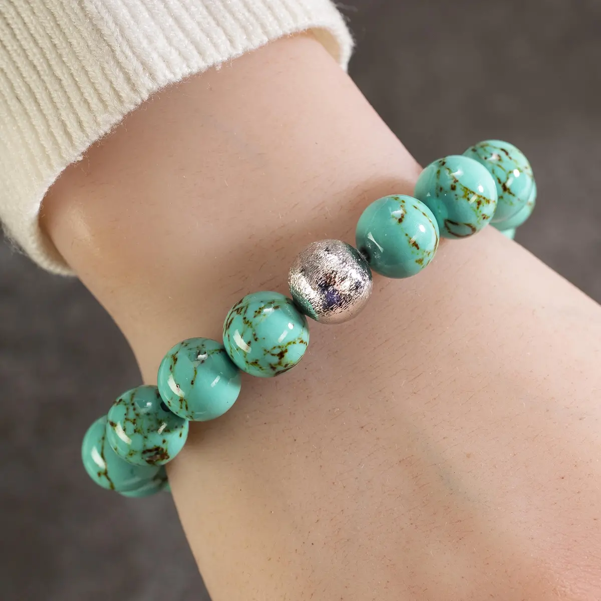 Howlite Turquoise 12Mm Gemstone Bead Elastic Bracelet With Silver Accent Bead 1
