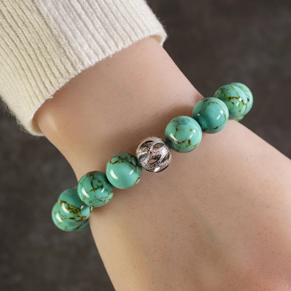 Howlite Turquoise 12Mm Gemstone Bead Elastic Bracelet With Silver Accent Bead 1