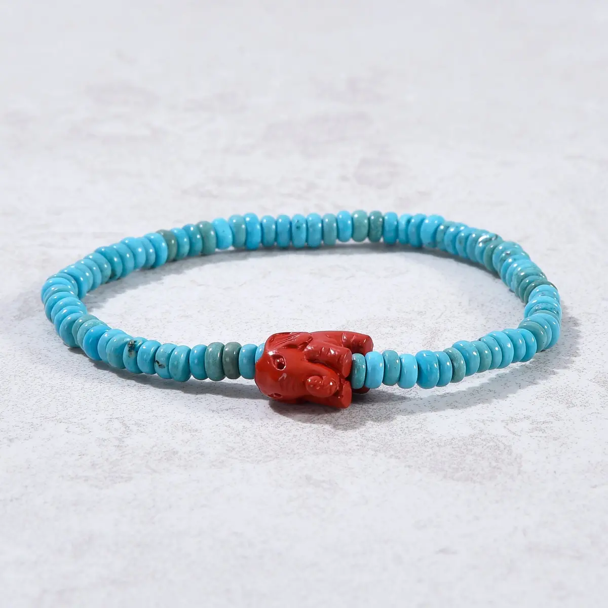 Howlite Turquoise 2X4mm Elastic Gemstone Bracelet With Cinnabar Elephant 1