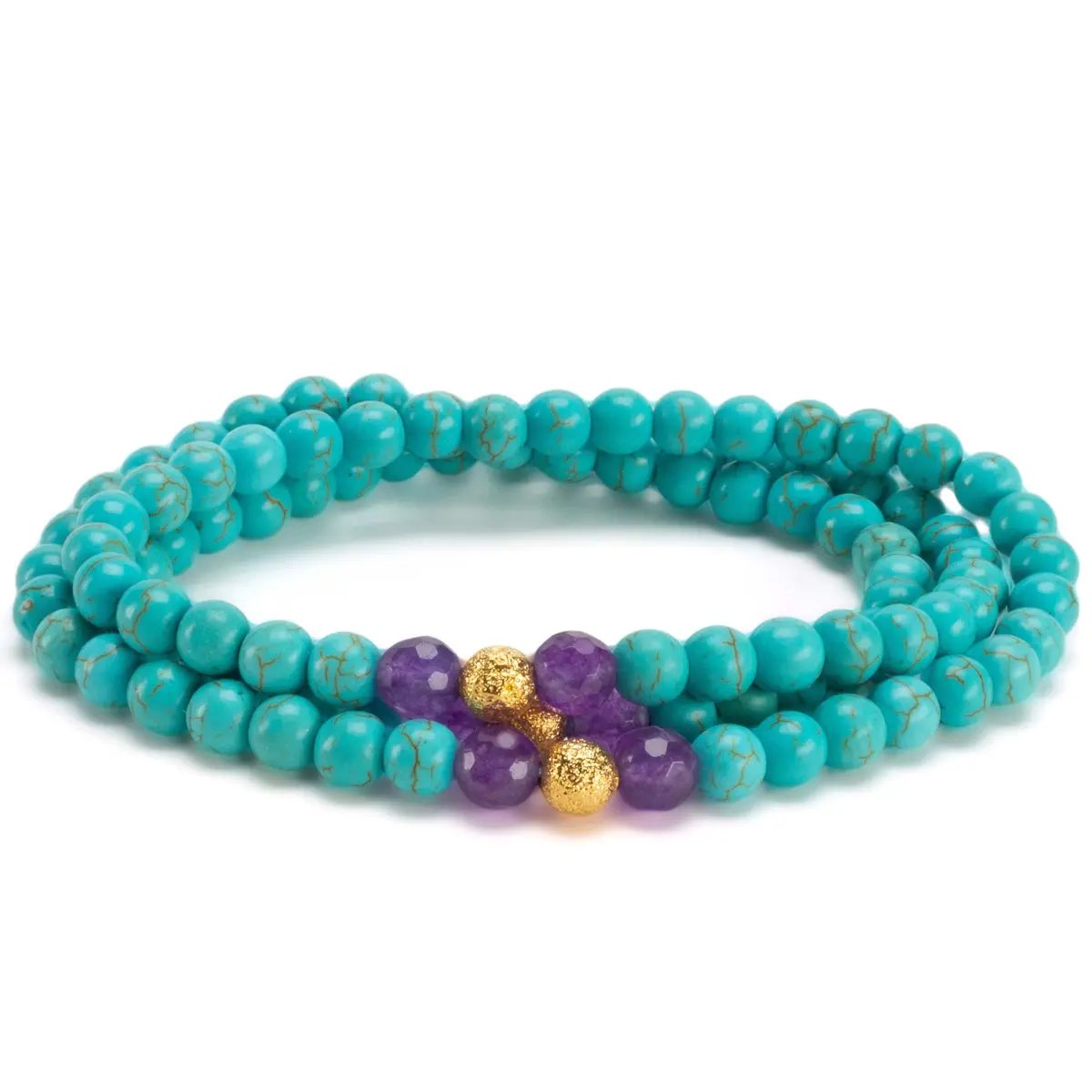 Howlite Turquoise 6Mm Beads With Amethyst & Gold Accent Beads Triple Wrap Gemstone Elastic Bracelet 1