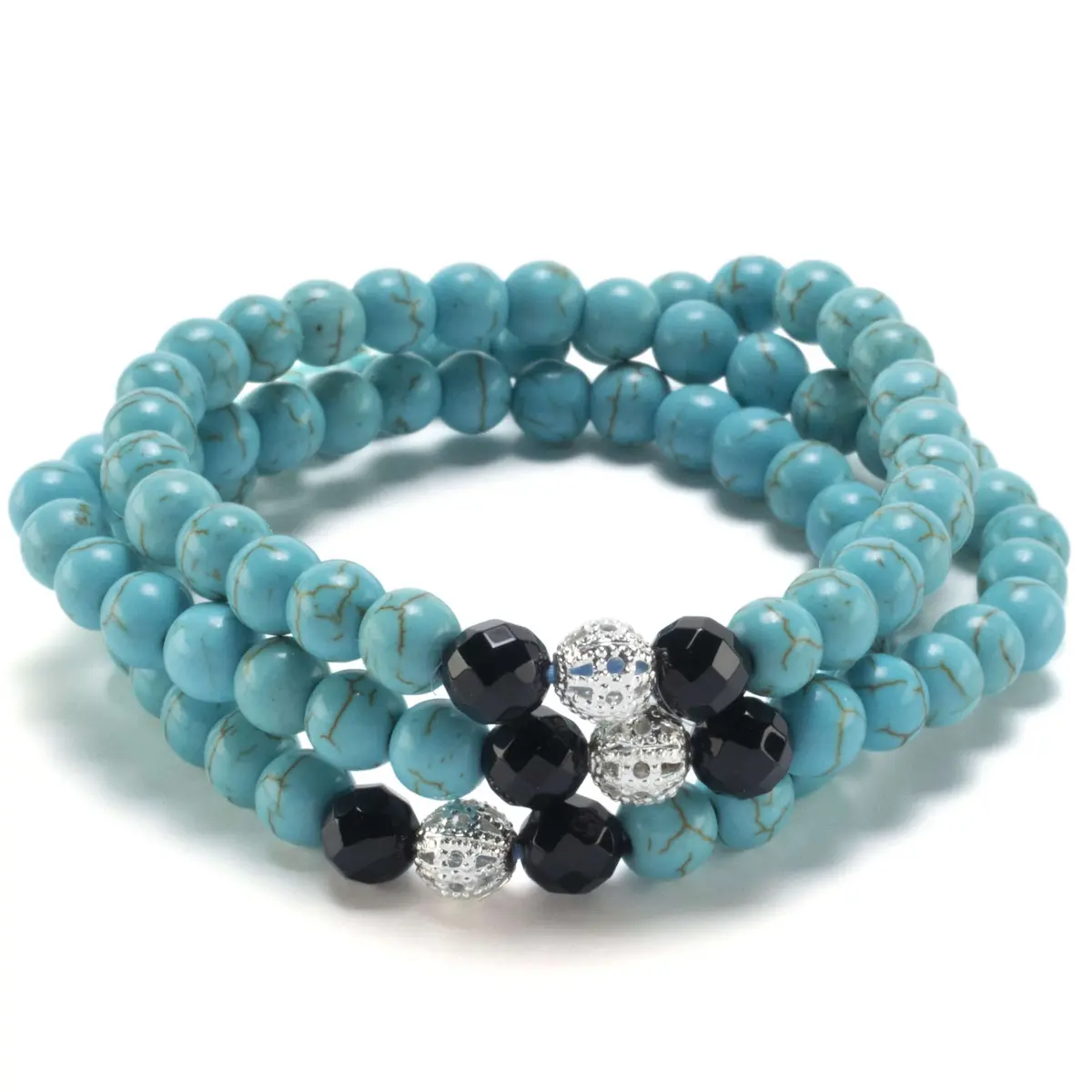 Howlite Turquoise 6Mm Beads With Black Agate And Silver Accent Beads Triple Wrap Elastic Gemstone Bracelet 1