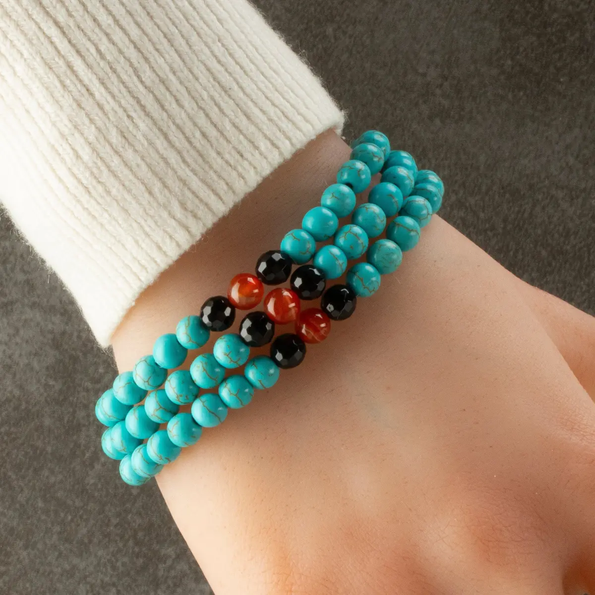 Howlite Turquoise 6Mm Beads With Black Agate & Carnelian Accent Beads Triple Wrap Gemstone Elastic Bracelet 1