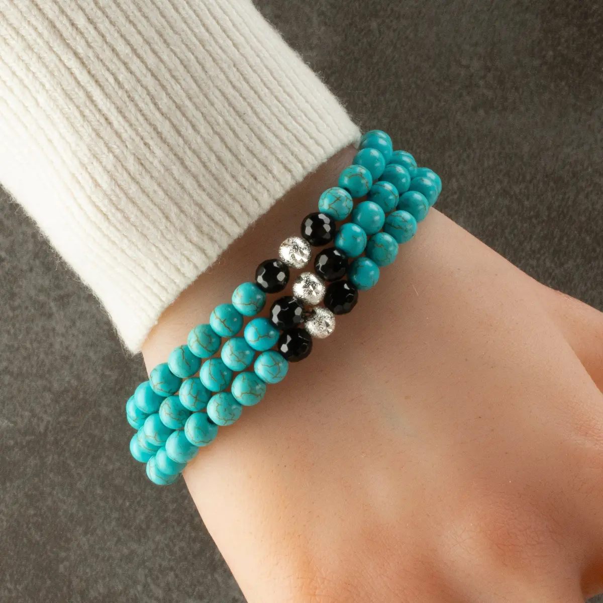 Howlite Turquoise 6Mm Beads With Black Agate & Silver Sparkly Accent Beads Triple Wrap Gemstone Elastic Bracelet 1