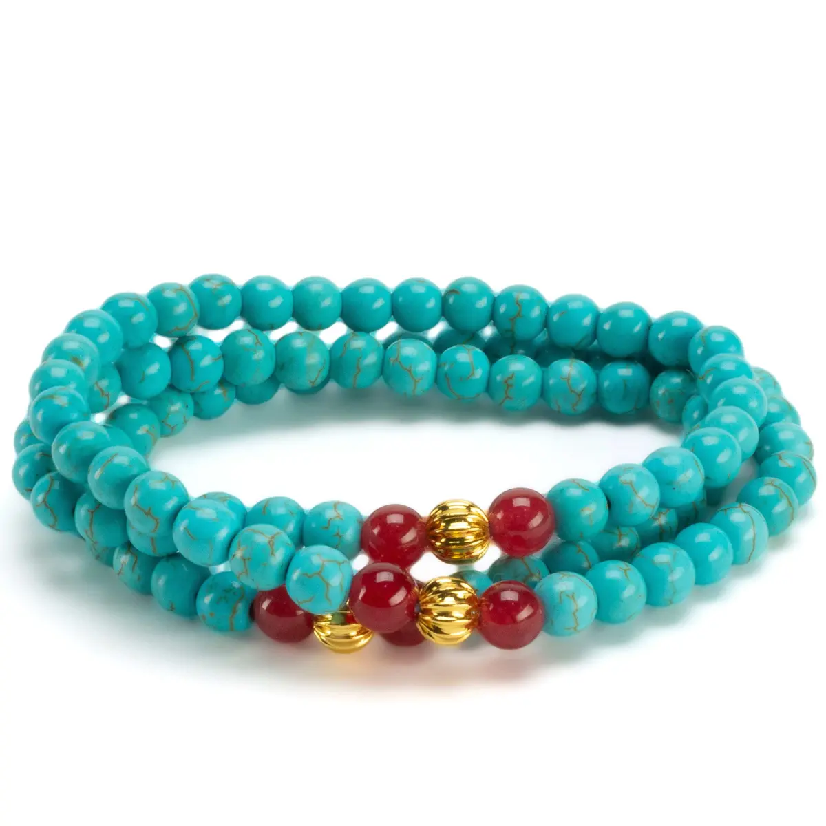 Howlite Turquoise 6Mm Beads With Red Agate & Gold Accent Beads Triple Wrap Gemstone Elastic Bracelet 1