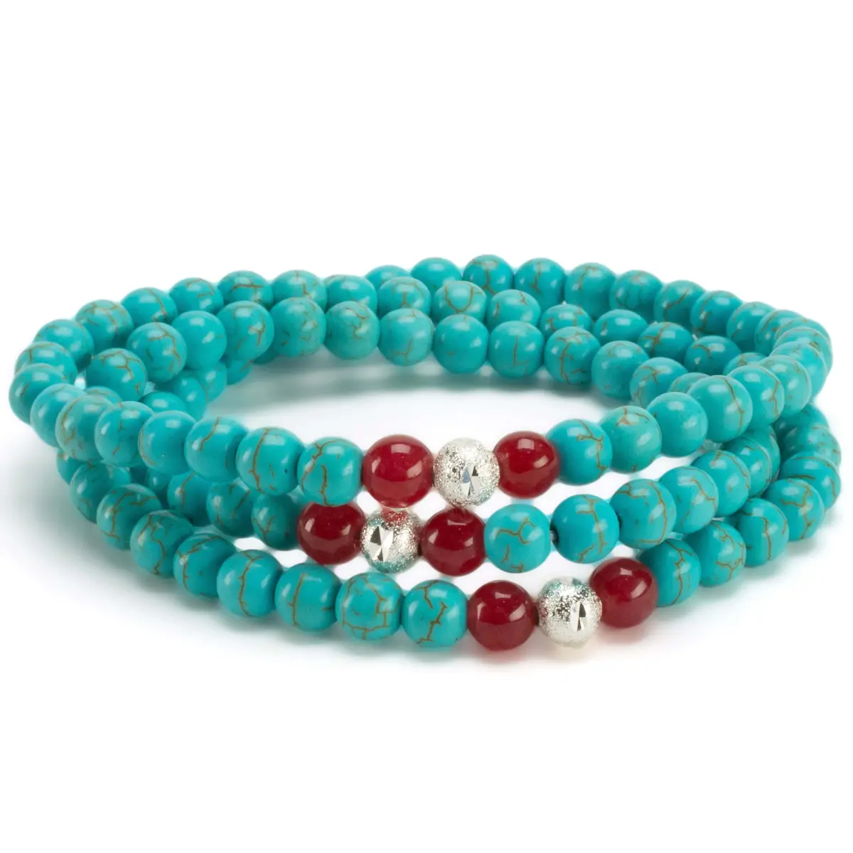 Howlite Turquoise 6Mm Beads With Red Agate & Silver Sparkly Accent Beads Triple Wrap Gemstone Elastic Bracelet 1