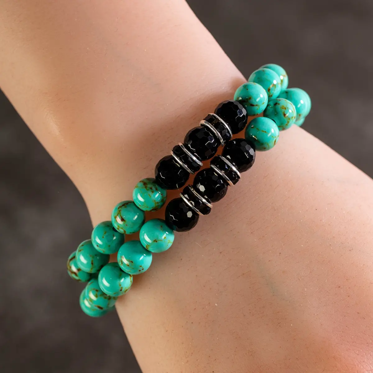 Howlite Turquoise 8Mm Beads With Black Agate And Black & Silver Accent Beads Double Wrap Elastic Gemstone Bracelet 1