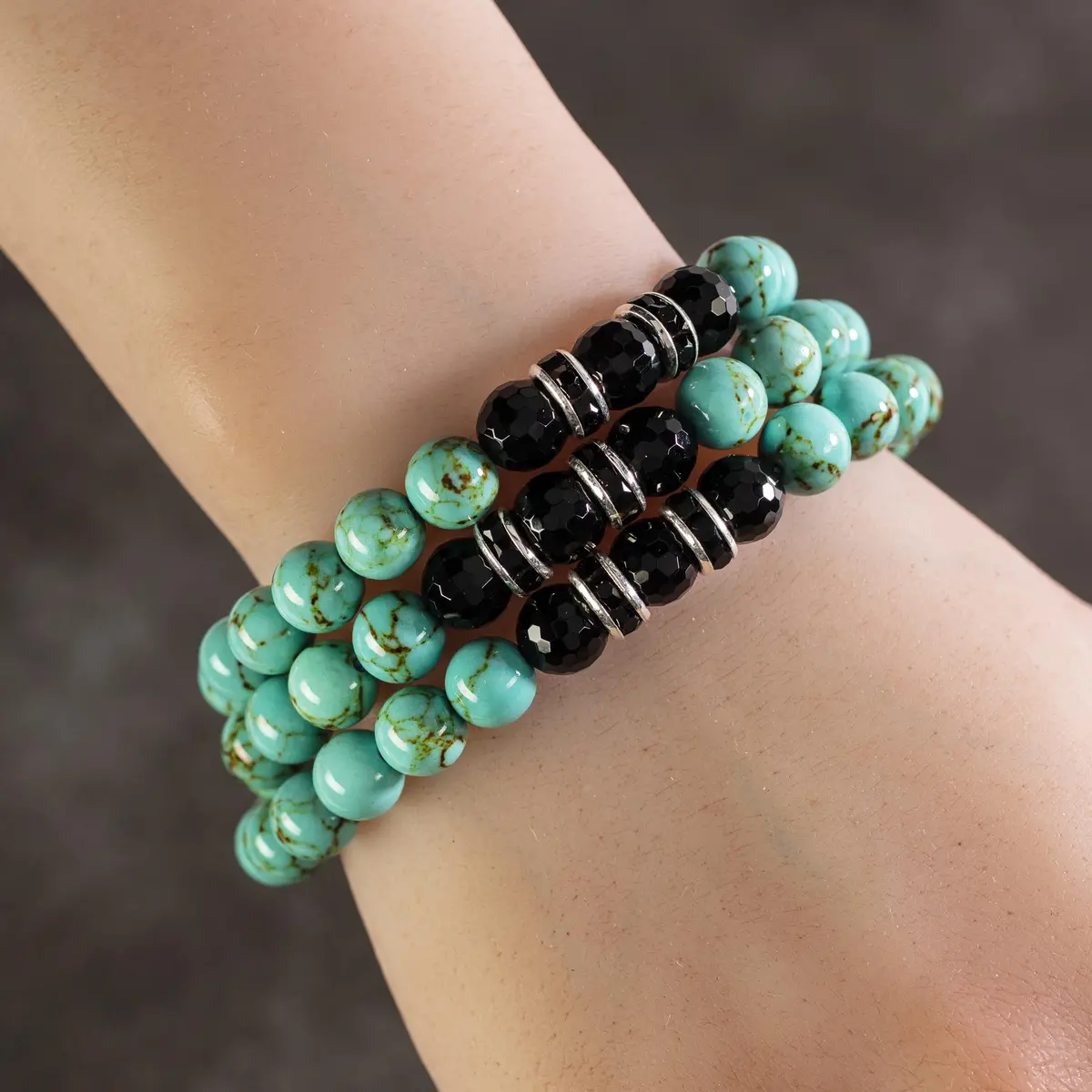 Howlite Turquoise 8Mm Beads With Black Agate And Black & Silver Accent Beads Triple Wrap Elastic Gemstone Bracelet 1