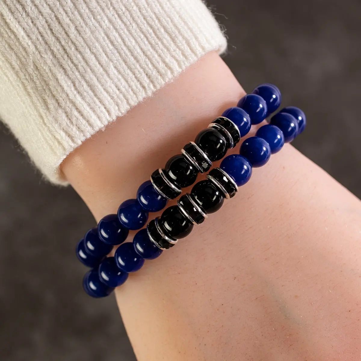 Lapis 8Mm Beads With Black Agate And Black & Silver Accent Beads Double Wrap Elastic Gemstone Bracelet 1