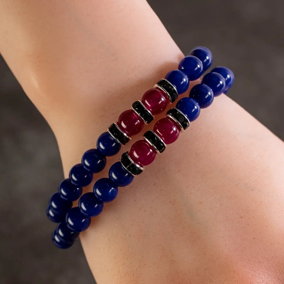 Lapis 8Mm Beads With Fuchsia Agate And Black And Silver Accent Beads Double Wrap Elastic Gemstone Bracelet 1