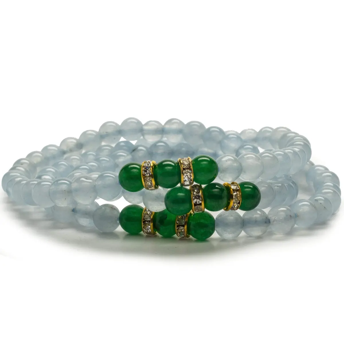 Light Blue Agate Beads With Aventurine And Gold Crystal Accent Beads Triple Wrap Elastic Gemstone Bracelet 1