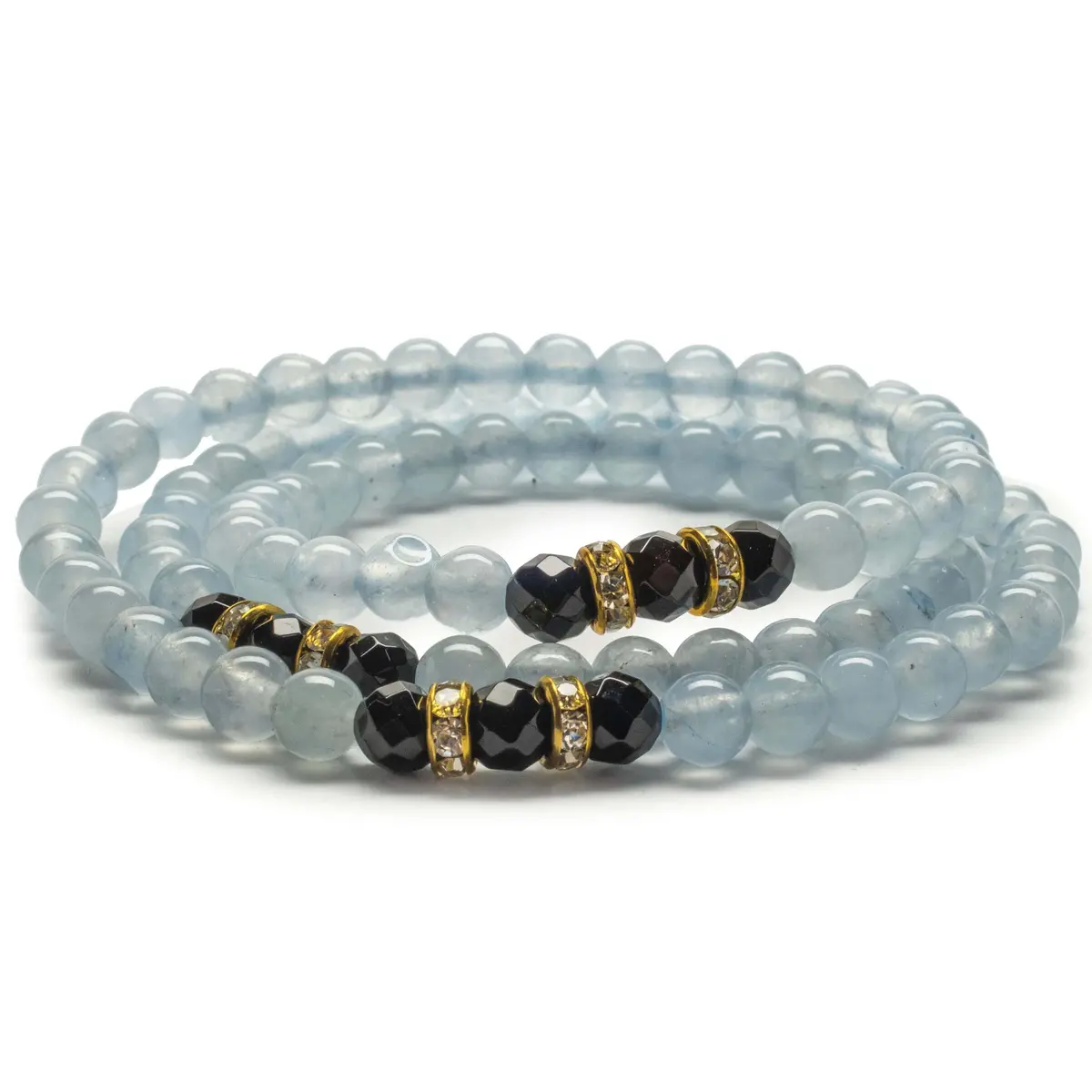Light Blue Agate Beads With Black Agate And Gold Crystal Accent Beads Triple Wrap Elastic Gemstone Bracelet 1
