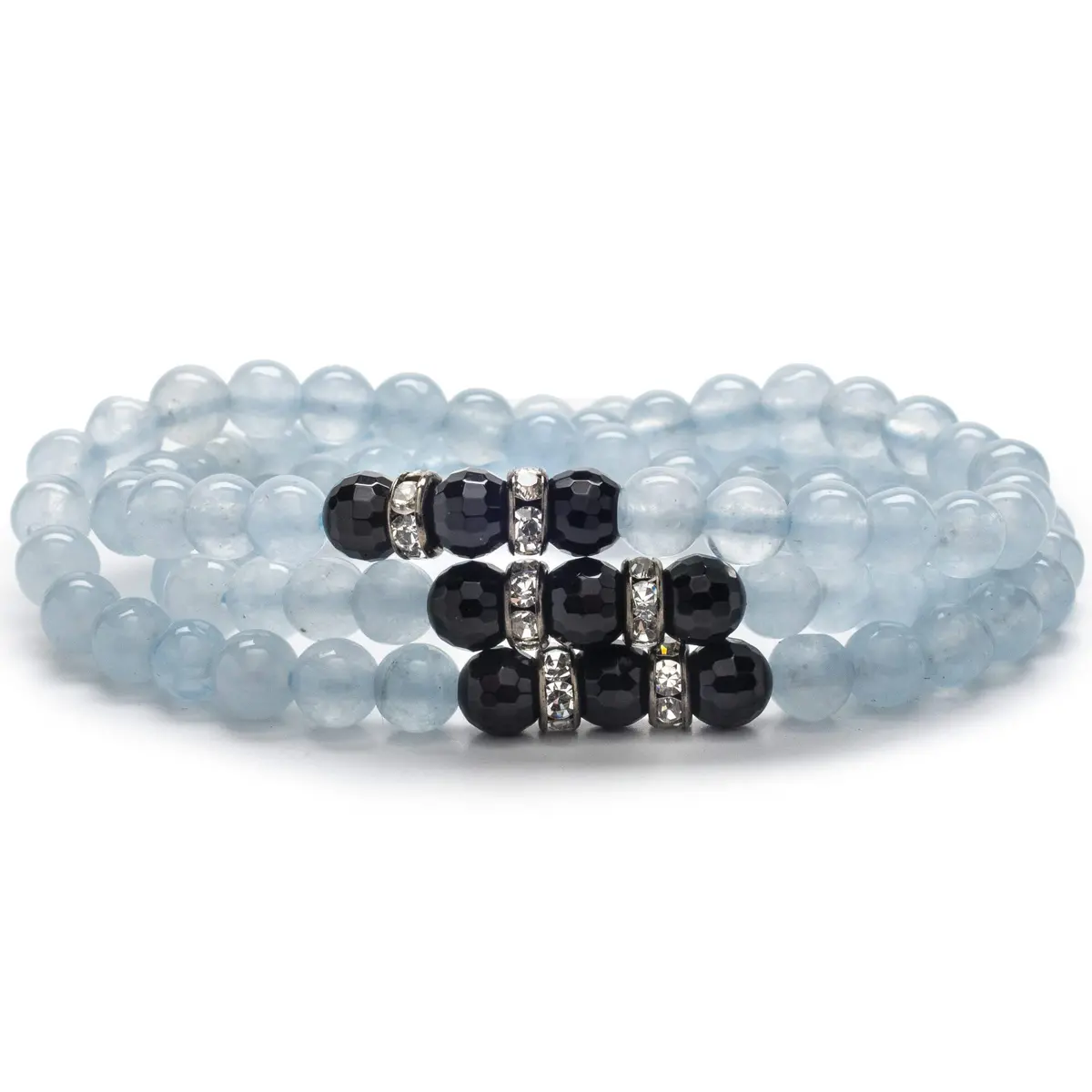 Light Blue Agate Beads With Black Agate And Silver Crystal Accent Beads Triple Wrap Elastic Gemstone Bracelet 1
