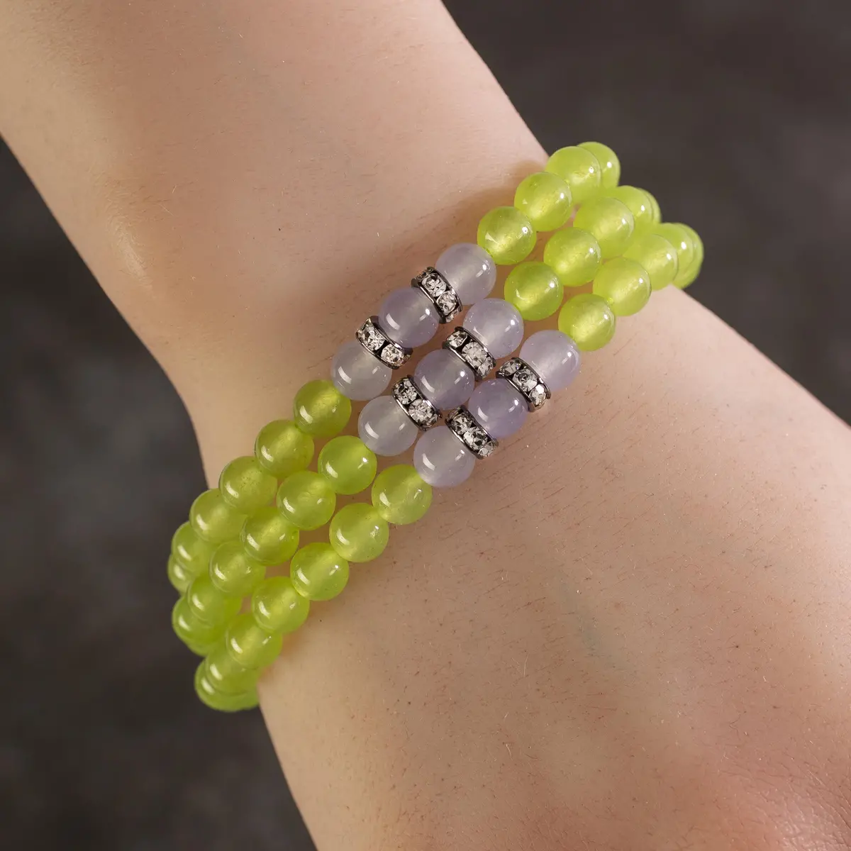 Lime Green Agate 6Mm Beads With Lavender Agate And Crystal Accent Beads Triple Wrap Elastic Gemstone Bracelet 1