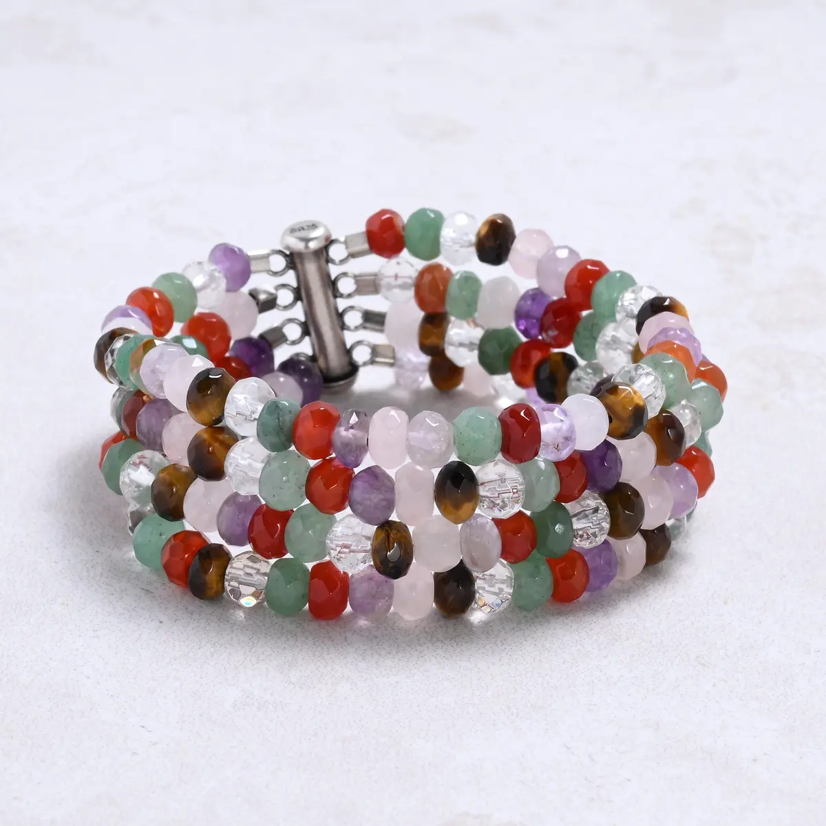 Multi Gem 4X6mm Roundel Gemstone Bracelet With Sterling Silver Clasp 1