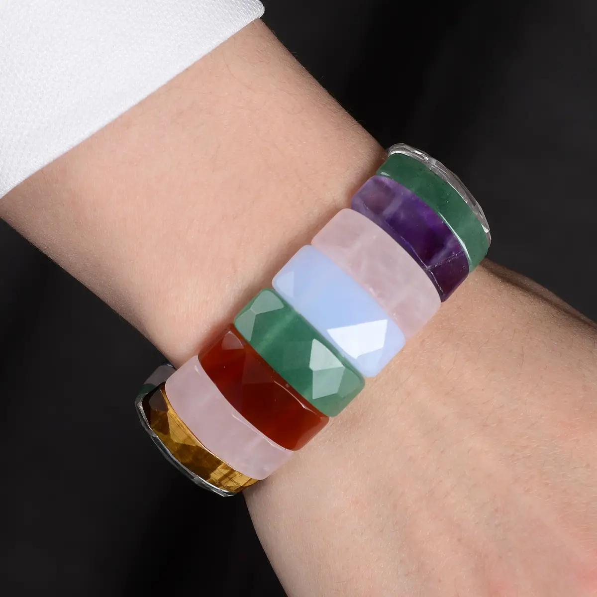 Multi Gemstone Rectangular & Faceted Natural Gemstone Elastic Bracelet 1