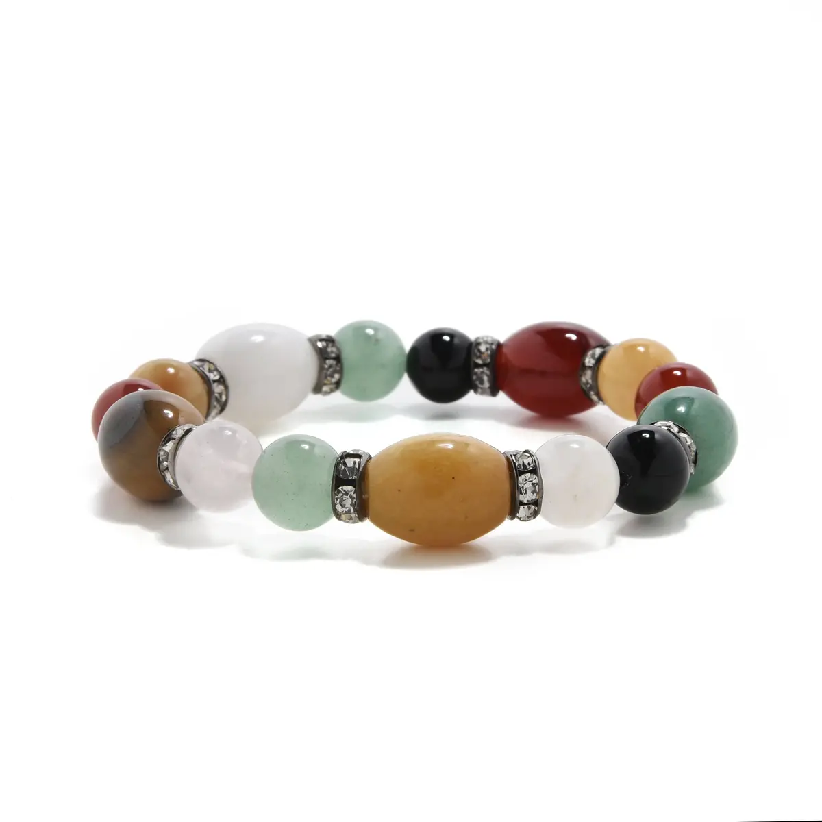 Multi Gemstone With Crystal Accent 10Mm Beads Elastic Bracelet 1