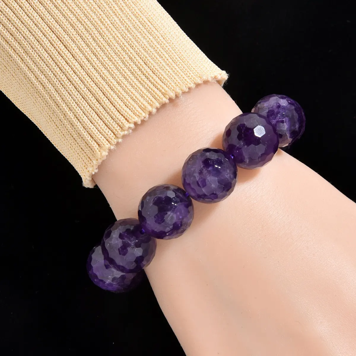 Natural Amethyst 16Mm Faceted Gemstone Bead Elastic Bracelet 1