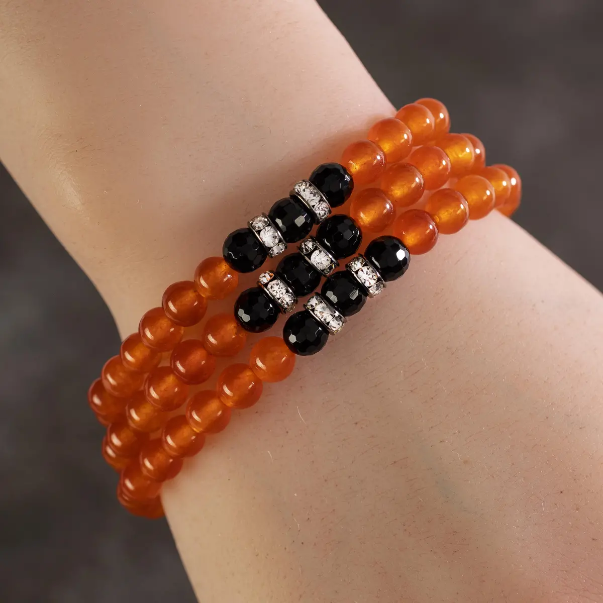 Orange Agate 6Mm Beads With Black Agate And Silver Crystal Accent Beads Triple Wrap Elastic Gemstone Bracelet 1