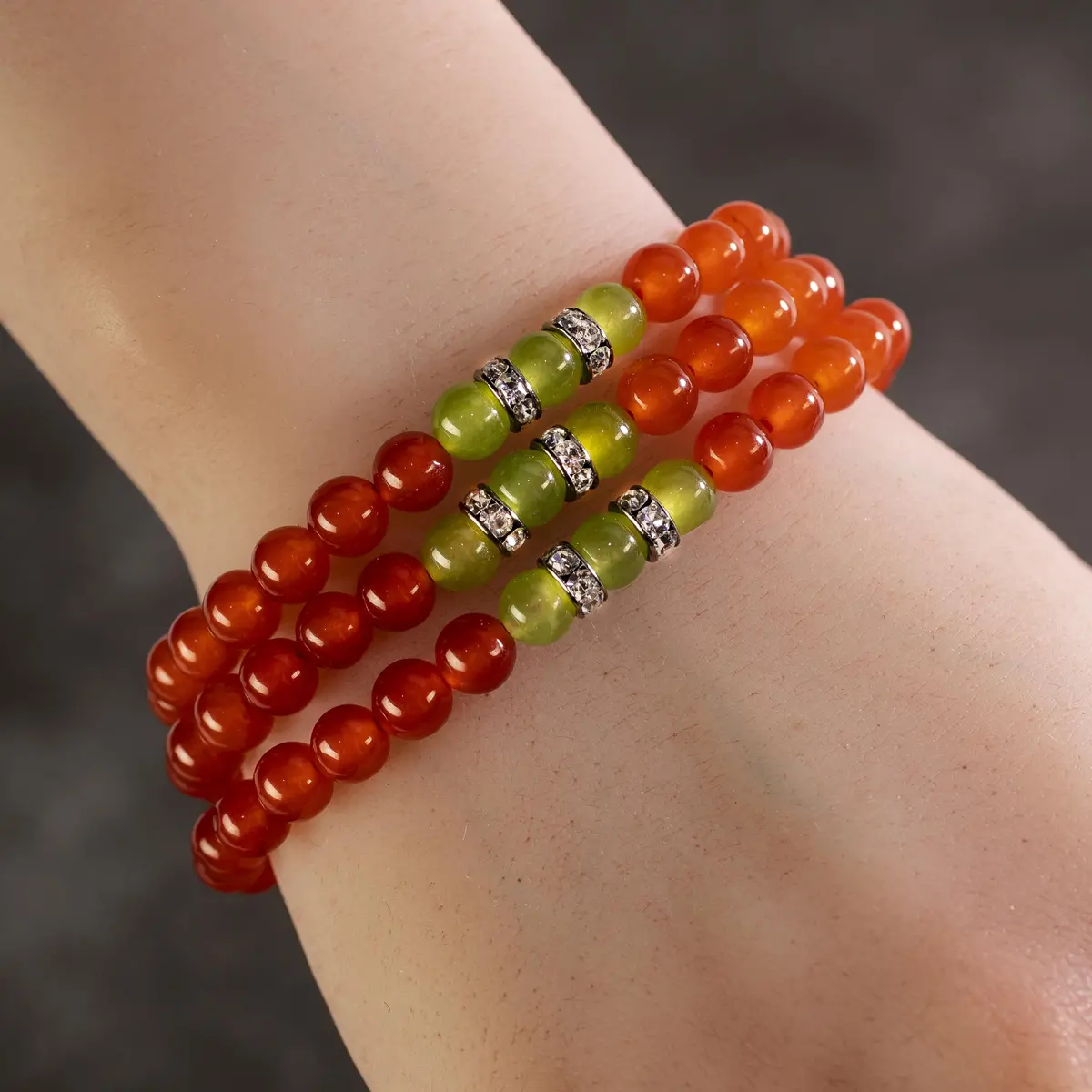 Orange Agate 6Mm Beads With Green Agate And Crystal Accent Beads Triple Wrap Elastic Gemstone Bracelet 1