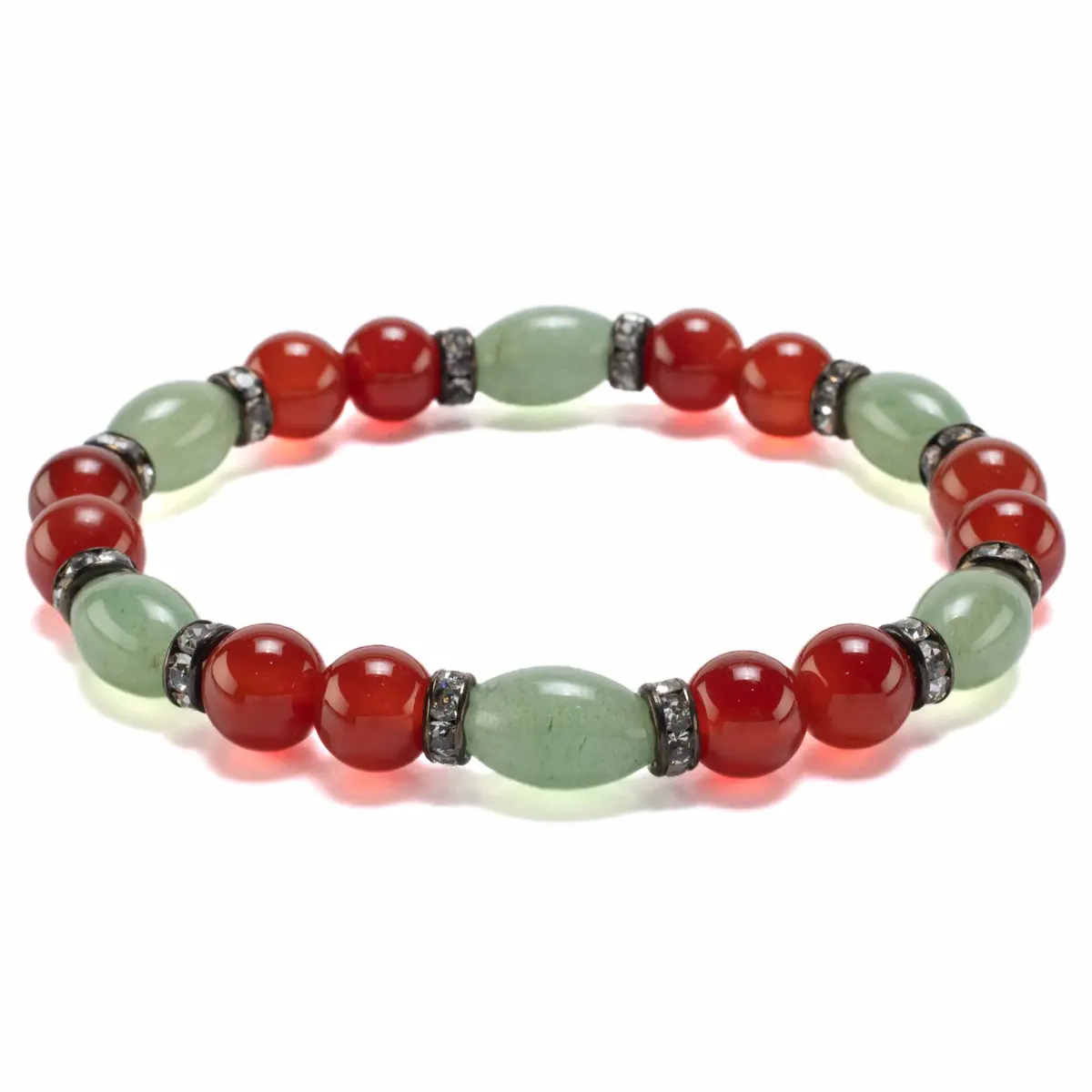 Oval Aventurine And Round Carnelian With Crystal Accent Beads Gemstone Elastic Bracelet 1