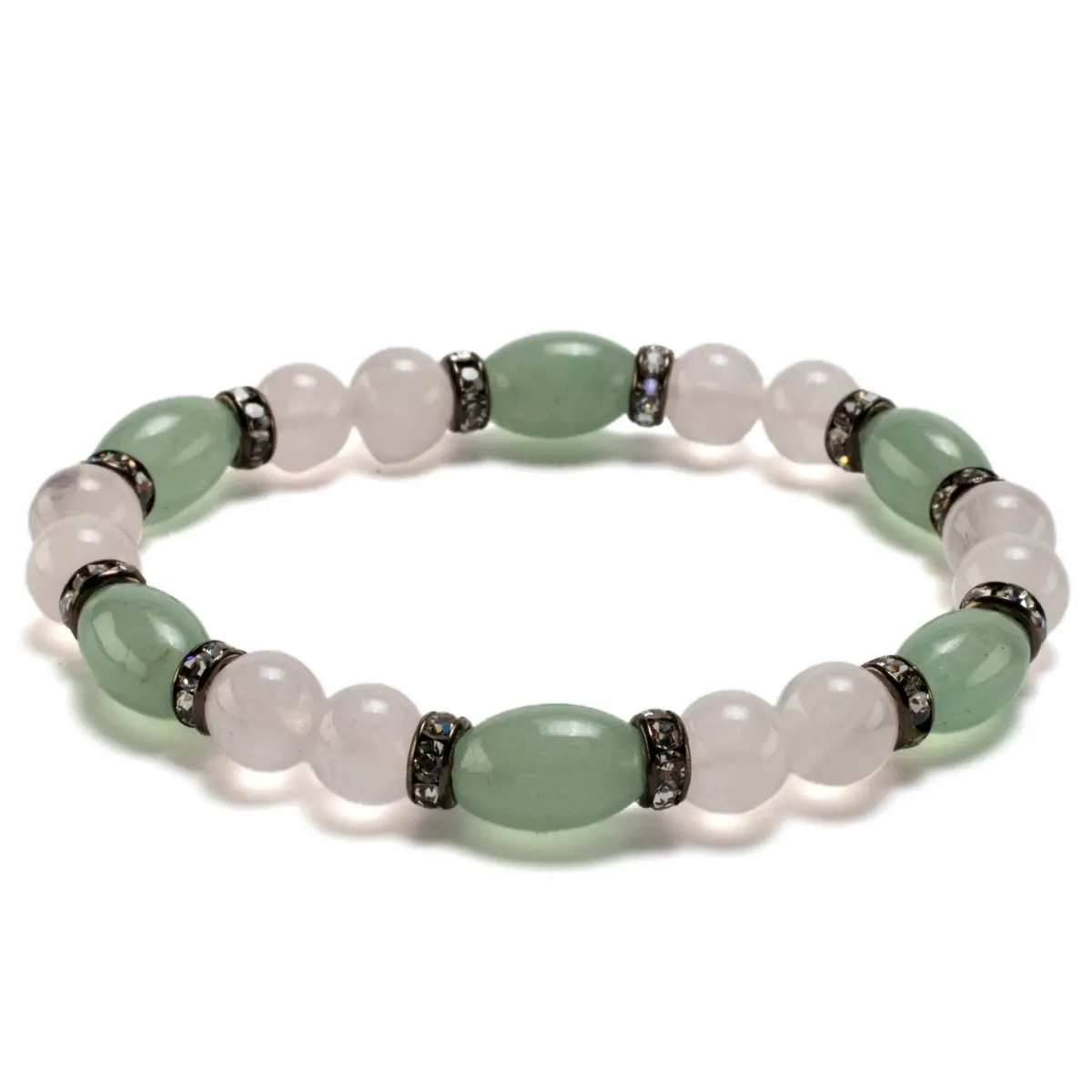 Oval Aventurine And Round Rose Quartz With Crystal Accent Beads Gemstone Elastic Bracelet 1