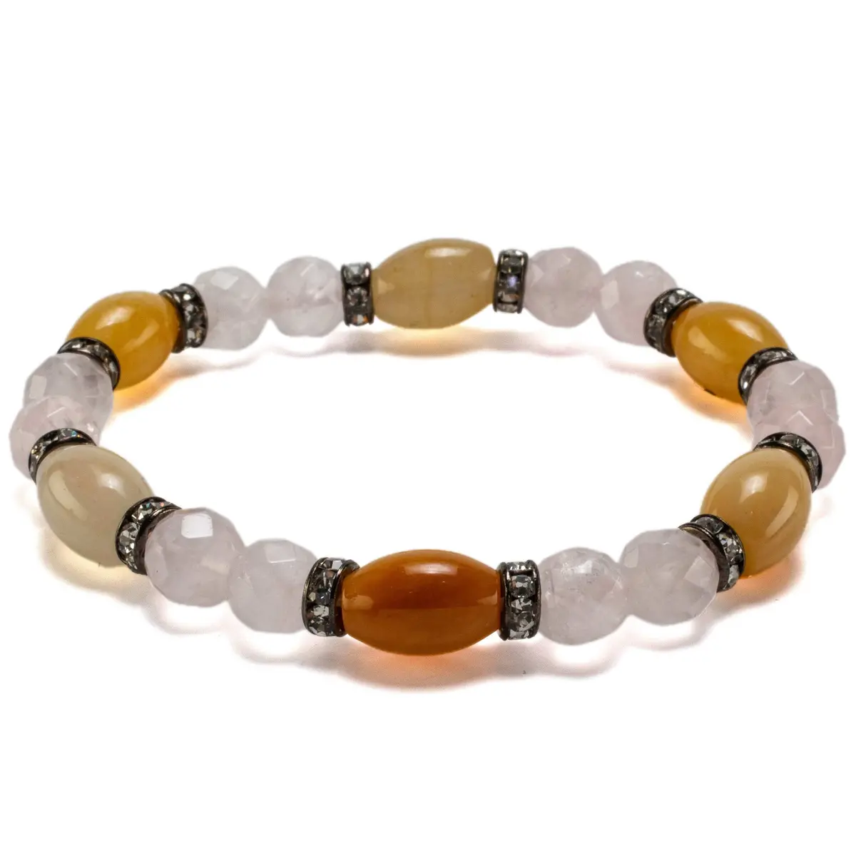 Oval Butter Jade And Round Faceted Rose Quartz With Crystal Accent Beads Gemstone Elastic Bracelet 1