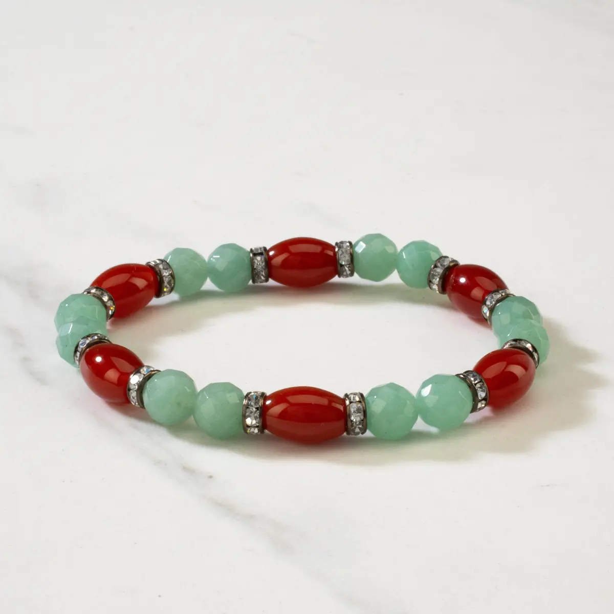 Oval Carnelian And Round Faceted Aventurine With Crystal Accent Beads Gemstone Elastic Bracelet 1
