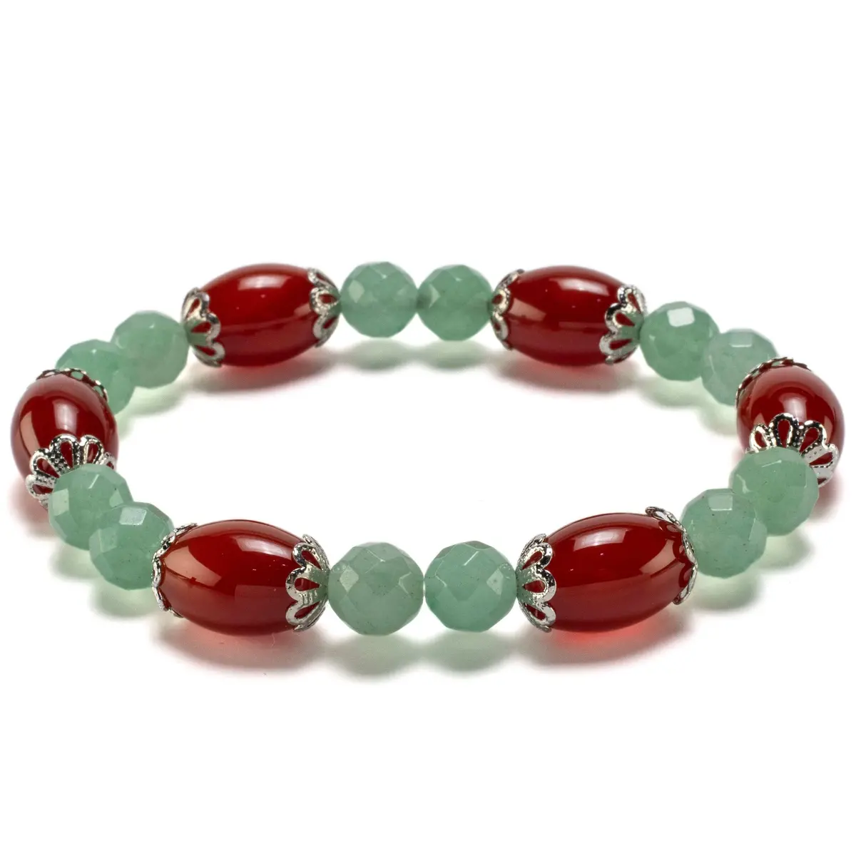 Oval Carnelian And Round Faceted Aventurine With Crystal Accent Beads Gemstone Elastic Bracelet 1