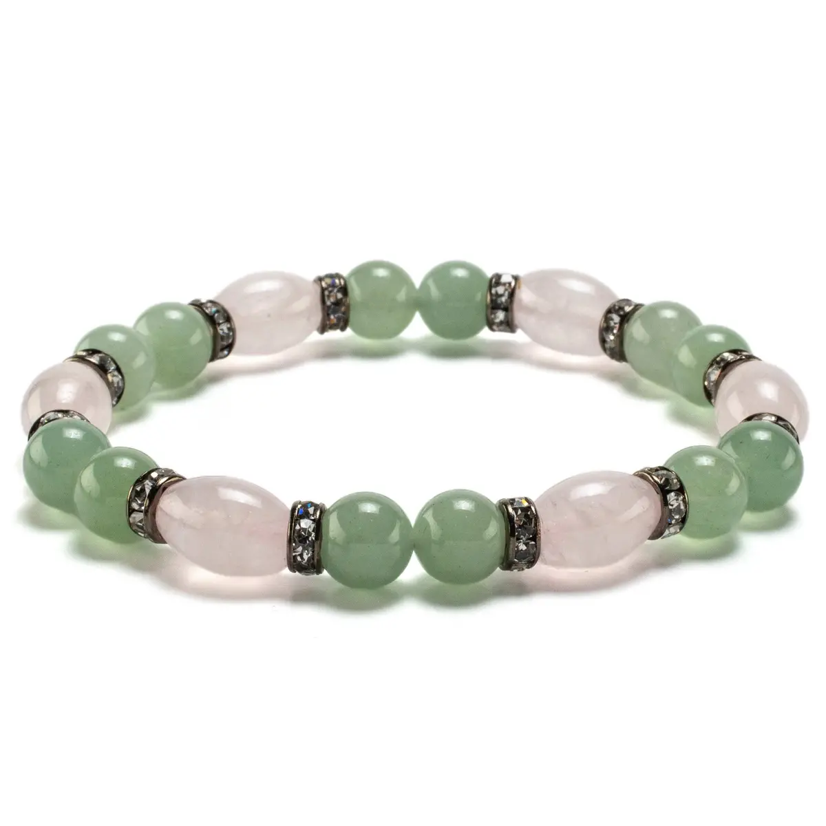 Oval Rose Quartz And Round Aventurine With Crystal Accent Beads Gemstone Elastic Bracelet 1