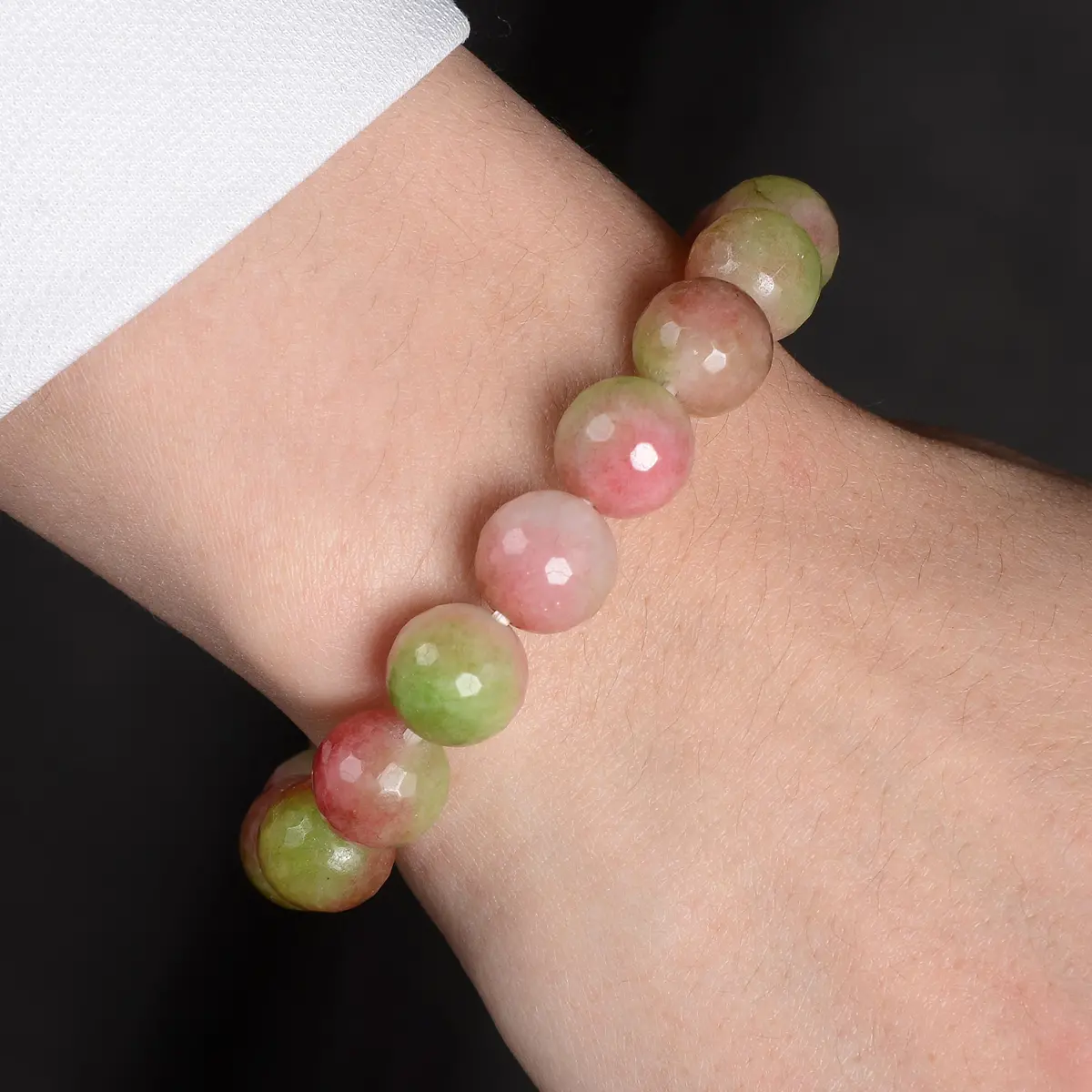 Pink & Green Agate Faceted Natural 12Mm Gemstone Bead Elastic Bracelet 1