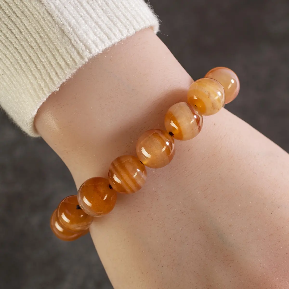 Polished Banded Carnelian 12Mm Gemstone Bead Elastic Bracelet 1