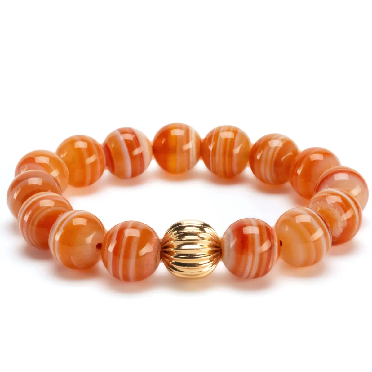 Polished Banded Carnelian 12Mm Gemstone Bead Elastic Bracelet With Gold Accent Bead 1