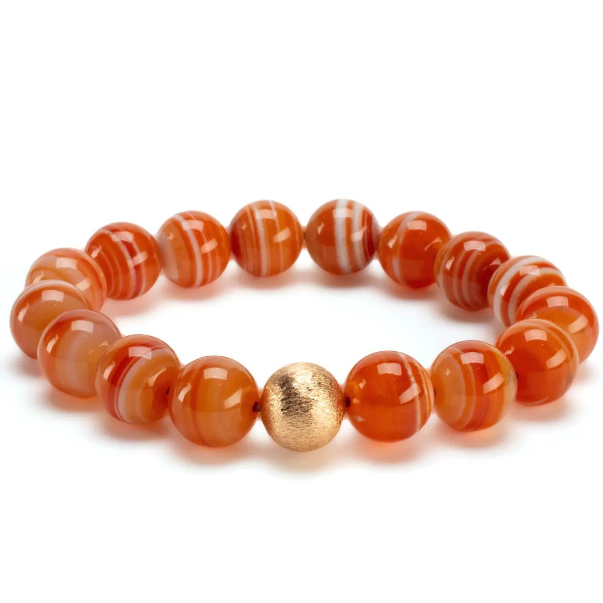 Polished Banded Carnelian 12Mm Gemstone Bead Elastic Bracelet With Matte Gold Accent Bead 1