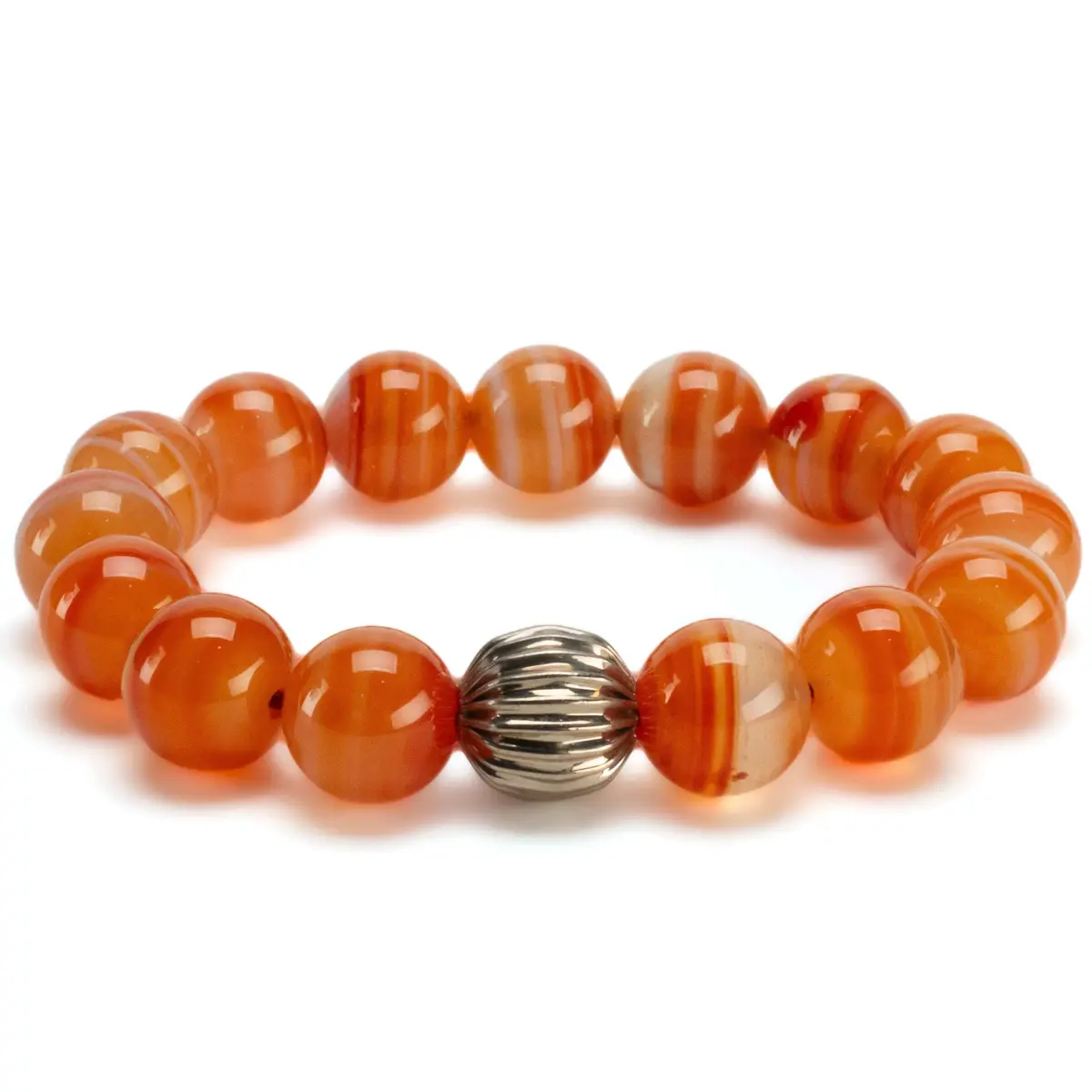 Polished Banded Carnelian 12Mm Gemstone Bead Elastic Bracelet With Silver Accent Bead 1