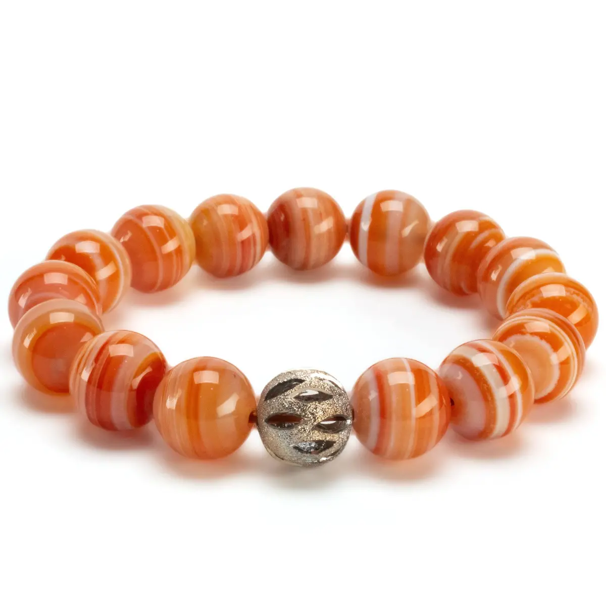 Polished Banded Carnelian 12Mm Gemstone Bead Elastic Bracelet With Silver Accent Bead 1