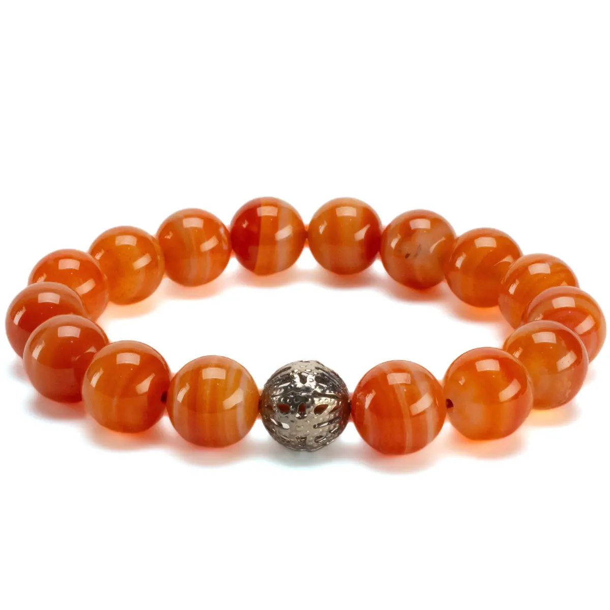 Polished Banded Carnelian 12Mm Gemstone Bead Elastic Bracelet With Silver Accent Bead 1