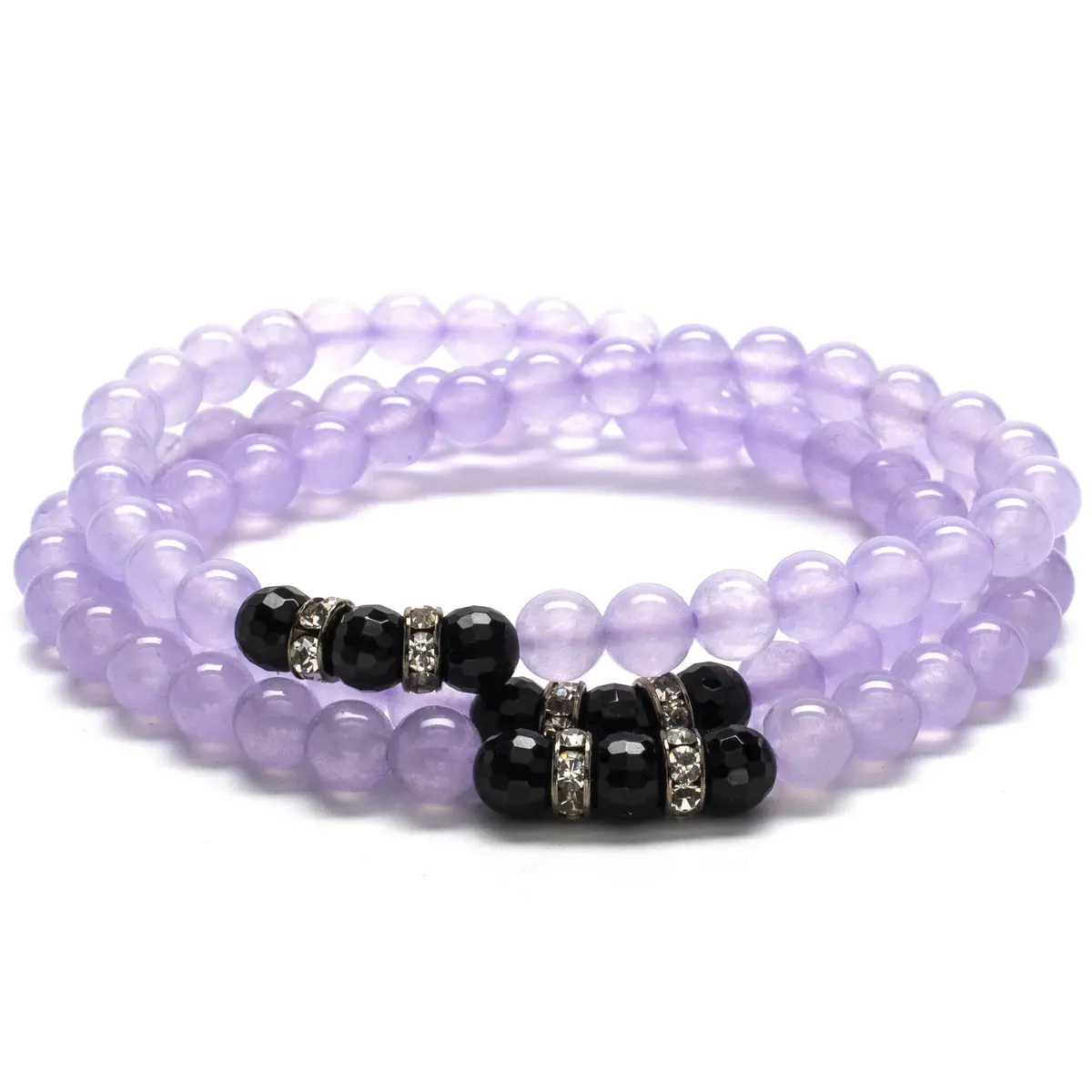 Purple Agate 6Mm Beads With Black Agate And Crystal Accent Beads Triple Wrap Elastic Gemstone Bracelet 1